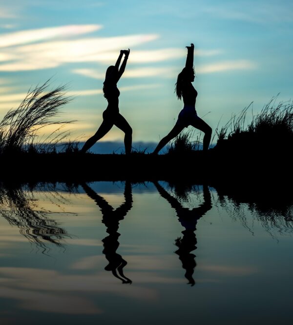 women, yoga, silhouettes, water, reflection, mirroring, water reflection, pose, nature, posing, yoga pose, meditation, stretching, wellness, well-being, exercise, adults, asia, girls, morning, outdoors, pair, people, stance, sunrise, sunset