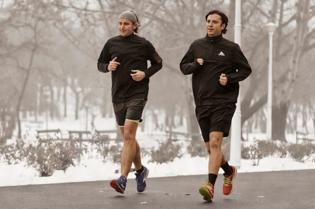 people, men, athletes, running, winter, alley, parka, naturally, snow, trees, healthy, nature, lifestyle